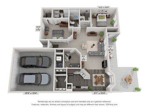 Floor plan for 2 beds, 2 baths, 1286 sqft